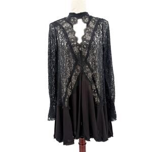 Free People black Tell Tale Cutout Lace Tunic women's LARGE boho sexy mini dress